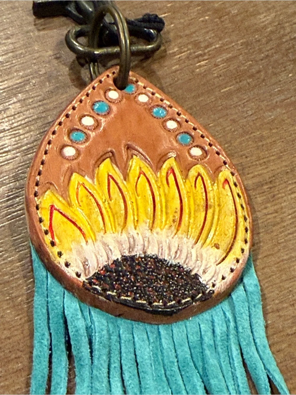Myra Bag Sunflower Leather Fringe Keychain Turquoise Western NWT
